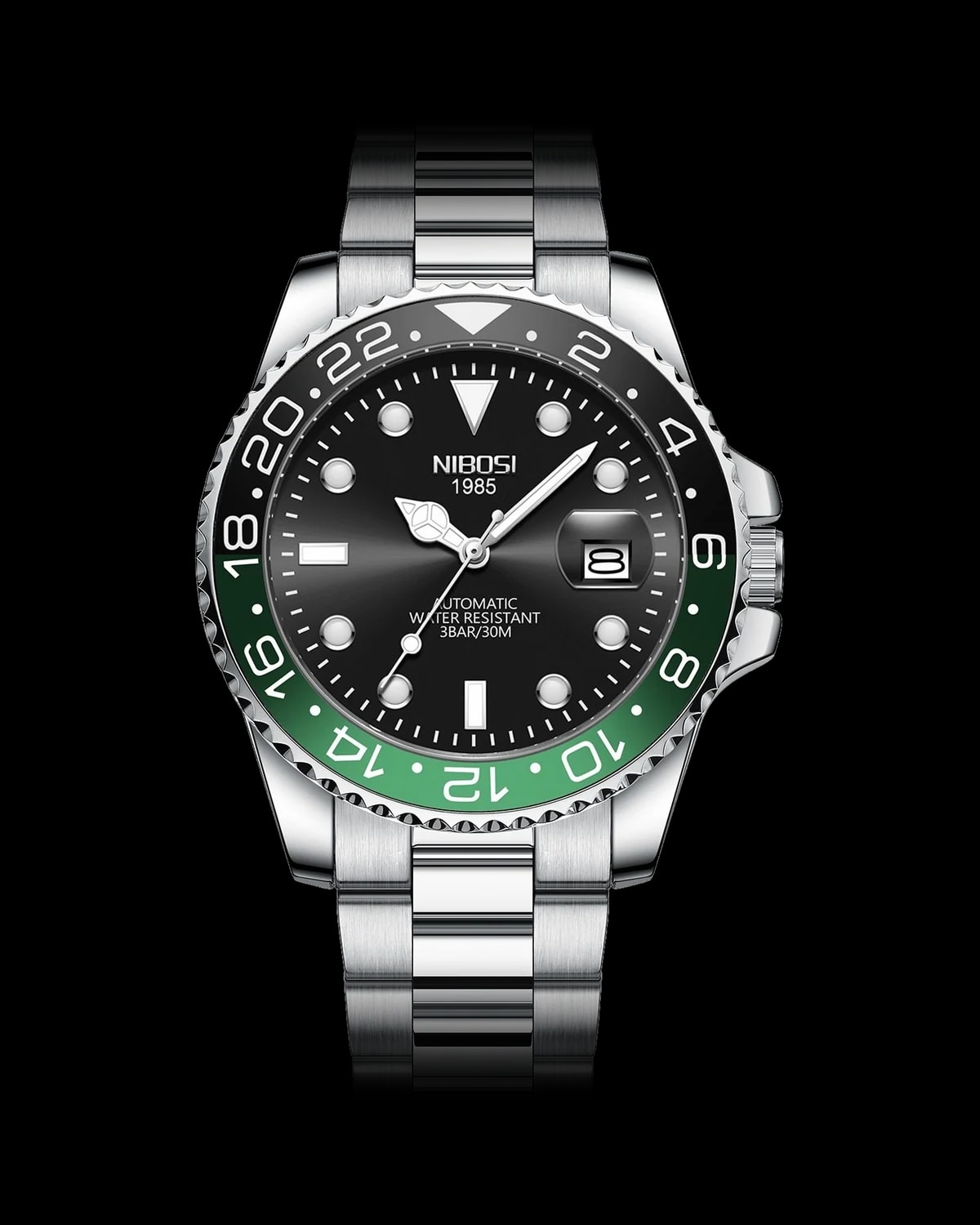 Reloj NIBOSI 1985 Mariner GMT, acero · esfera negra · bisel negro/verde — referencia NB-MGT-SVBK-GN