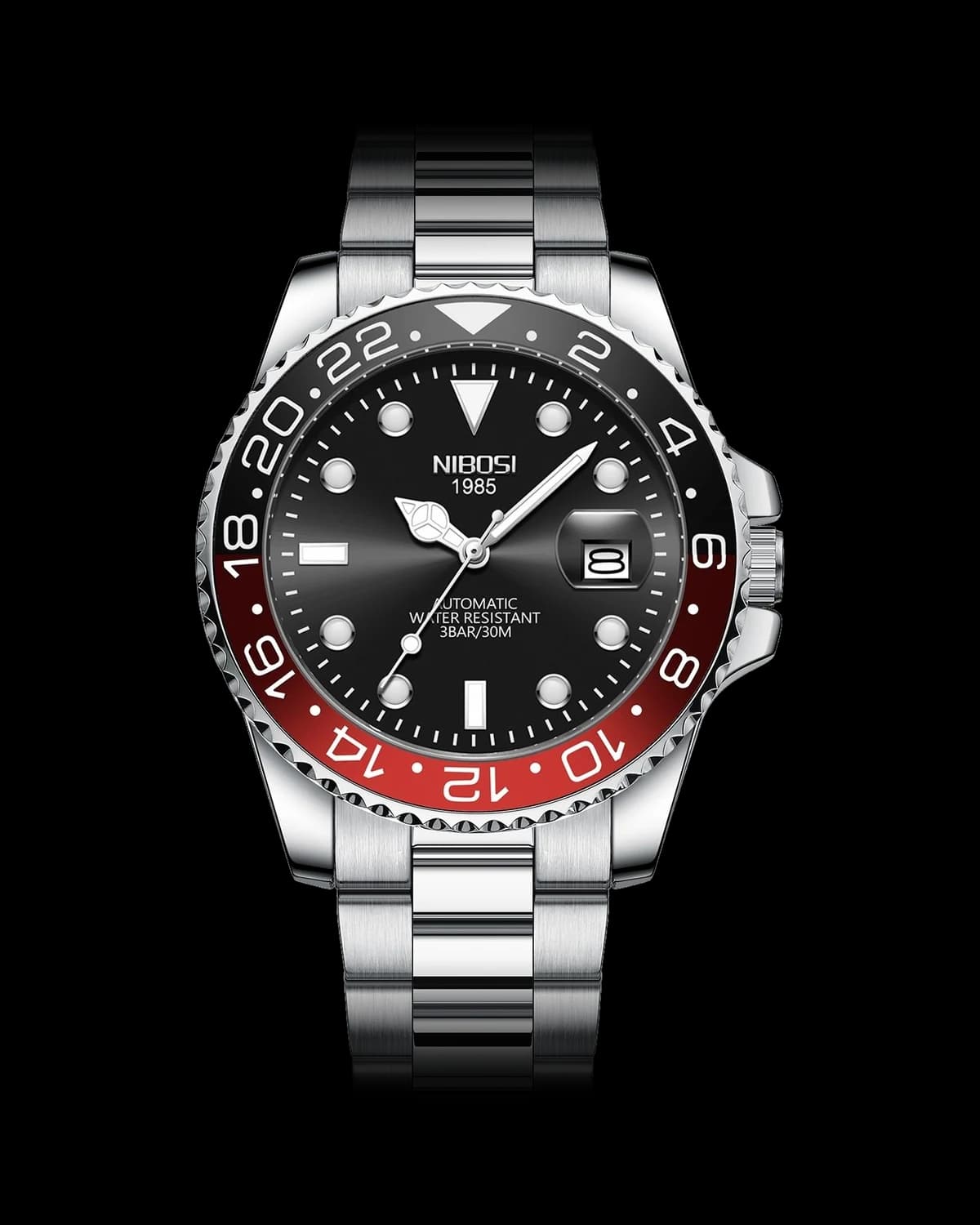Reloj NIBOSI 1985 Mariner GMT, acero · esfera negra · bisel negro/rojo — referencia NB-MGT-SVBK-RD