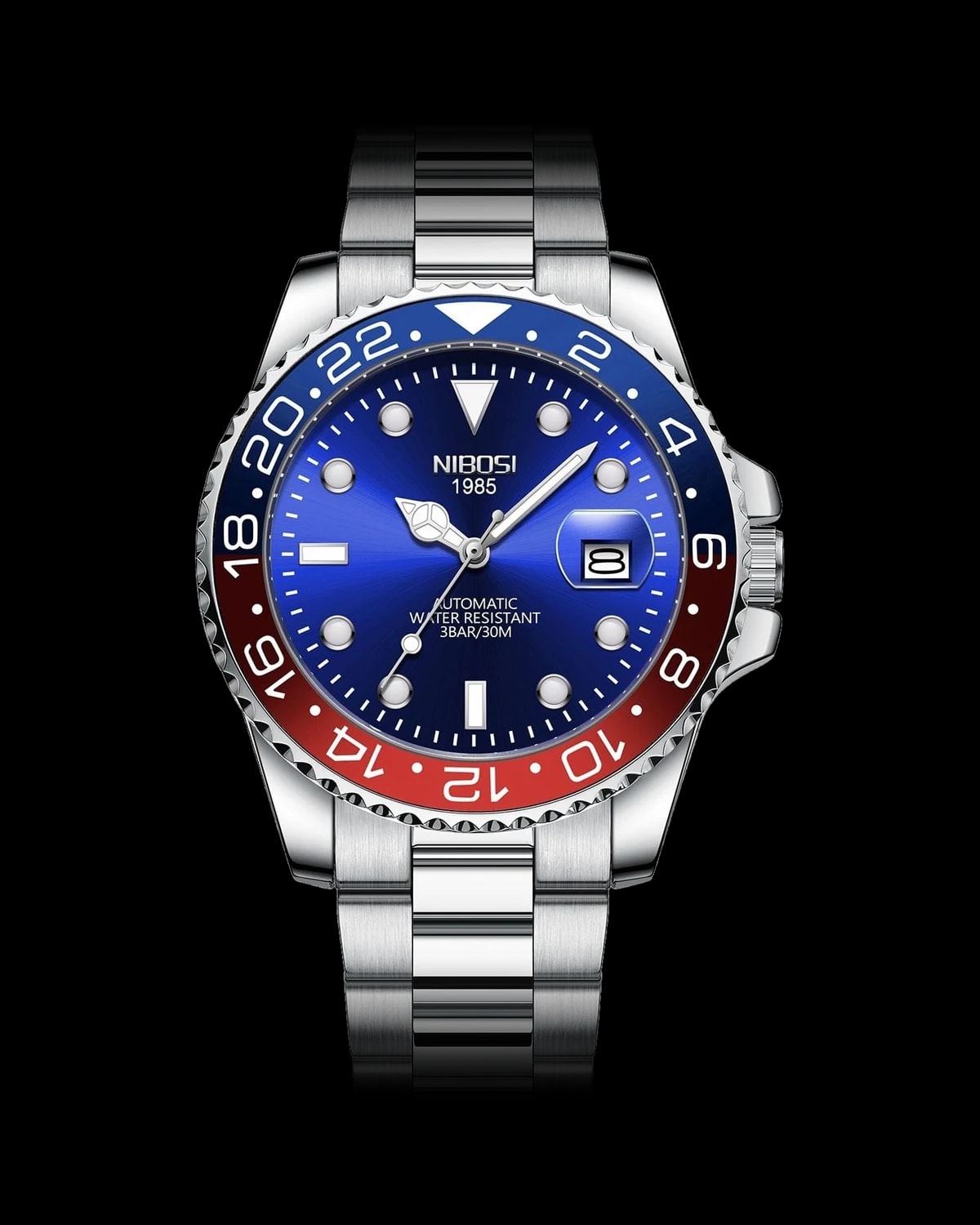 Reloj NIBOSI 1985 Mariner GMT, acero · esfera azul · bisel azul/rojo — referencia NB-MGT-SVBL-RD