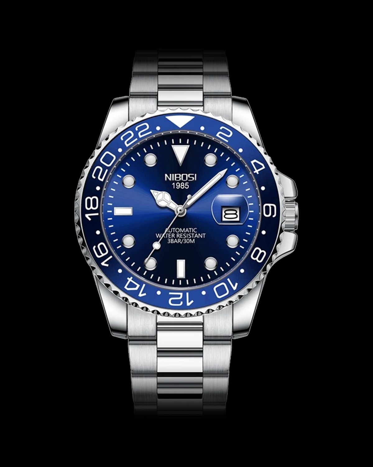 Reloj NIBOSI 1985 Mariner GMT, acero · esfera azul · bisel azul — referencia NB-MGT-SVBL