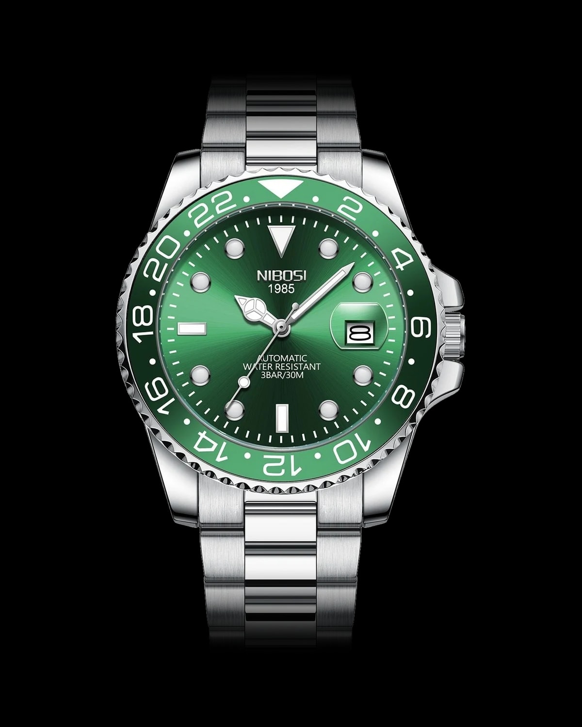 Reloj NIBOSI 1985 Mariner GMT, acero · esfera verde · bisel verde — referencia NB-MGT-SVGN