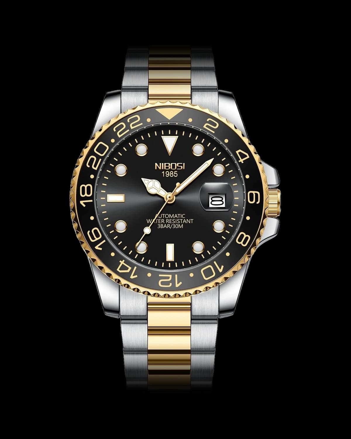 Reloj NIBOSI 1985 Mariner GMT, bicolor · esfera negra · bisel negro — referencia NB-MGT-TTBK