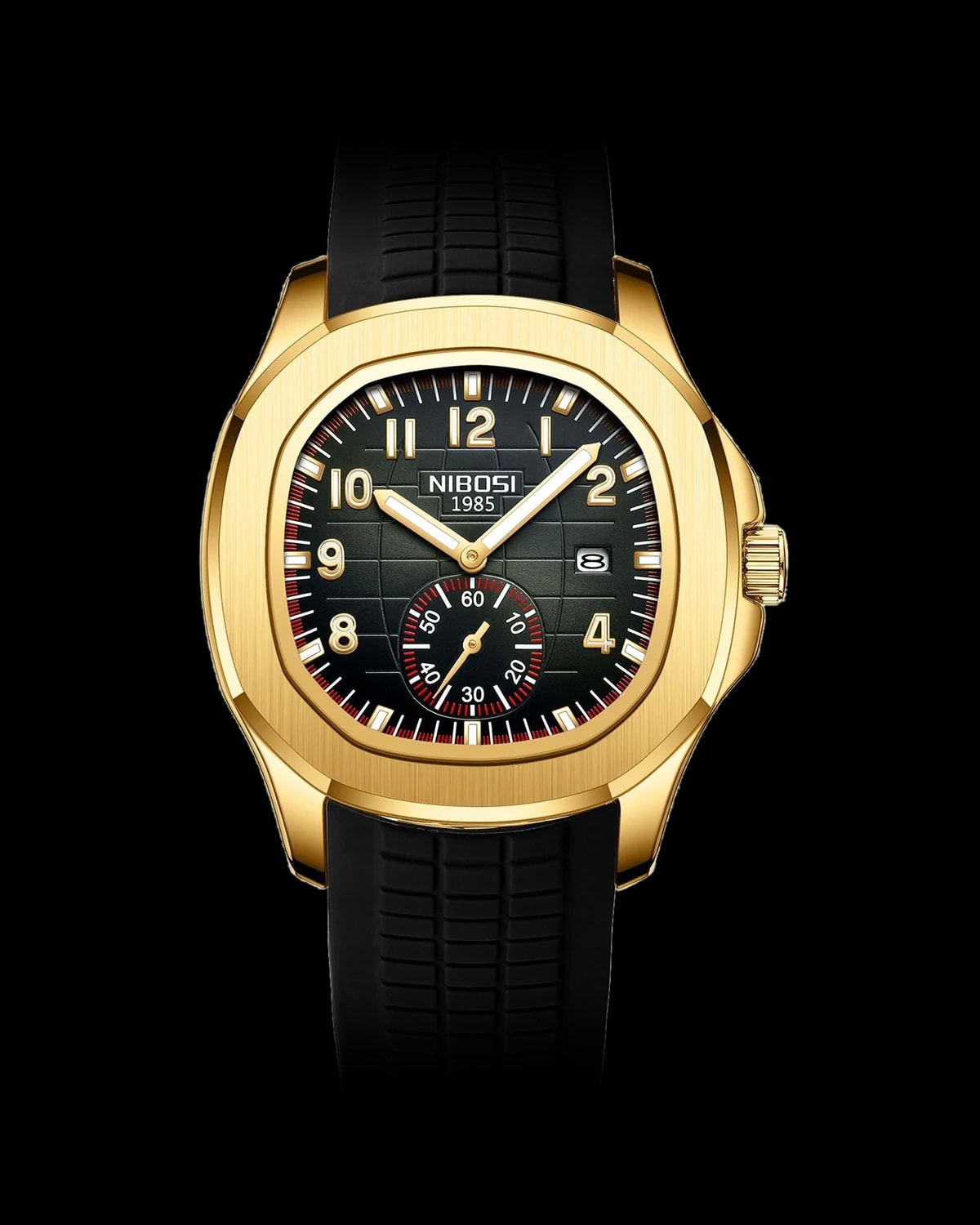 Reloj NIBOSI 1985 Ocean Square, dorado · esfera negra · correa caucho negra — referencia NB-OSQ-GDBK-RBK