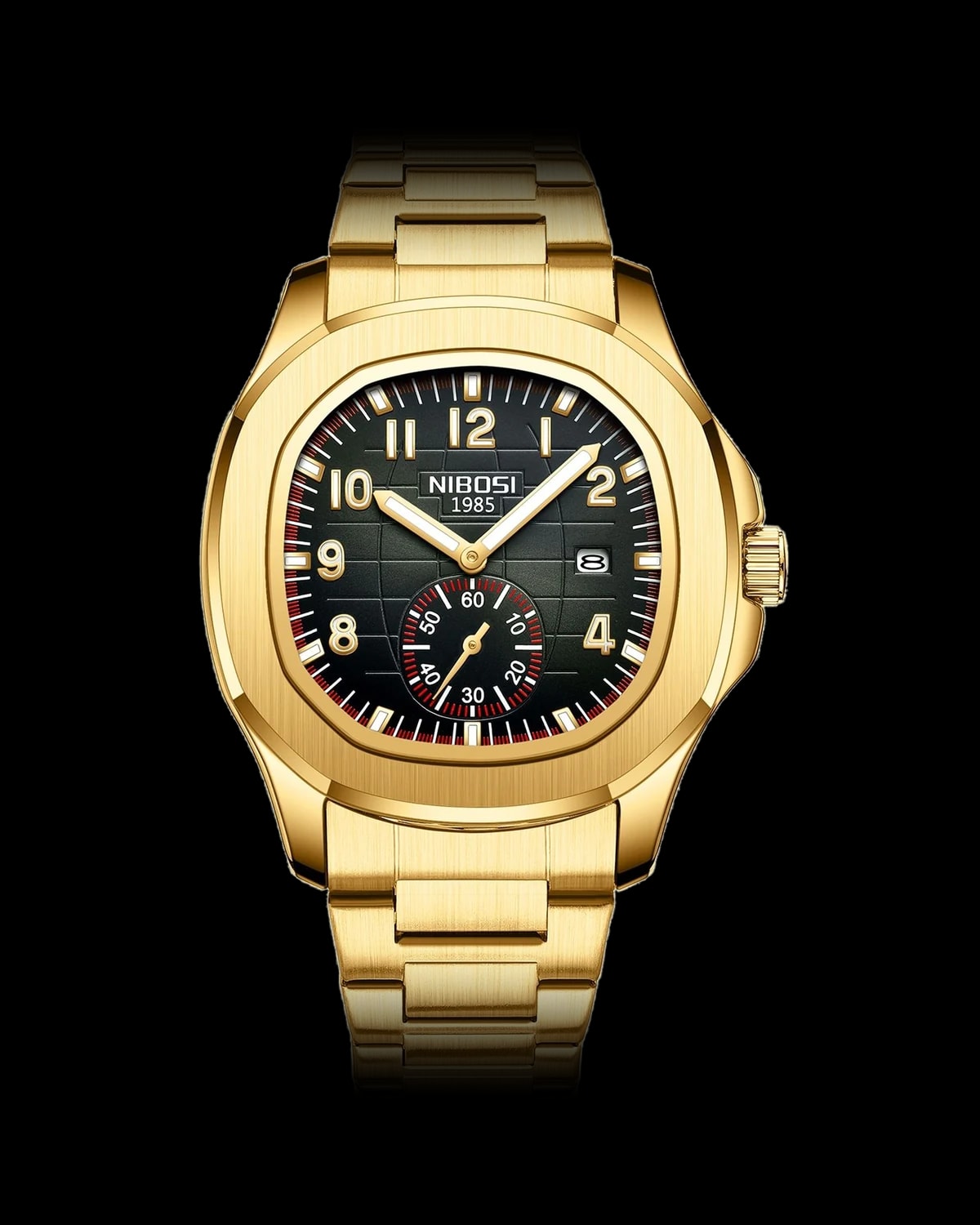 Reloj NIBOSI 1985 Ocean Square, dorado · esfera negra — referencia NB-OSQ-GDBK