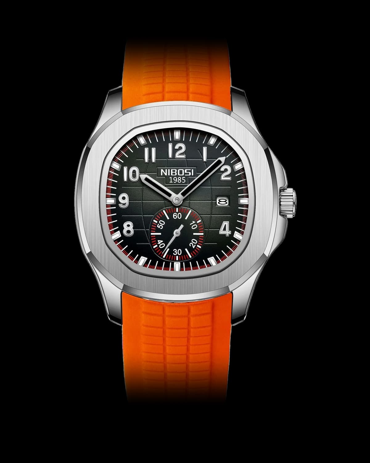 Reloj NIBOSI 1985 Ocean Square, acero · esfera negra · correa caucho naranja — referencia NB-OSQ-SVBK-ROR