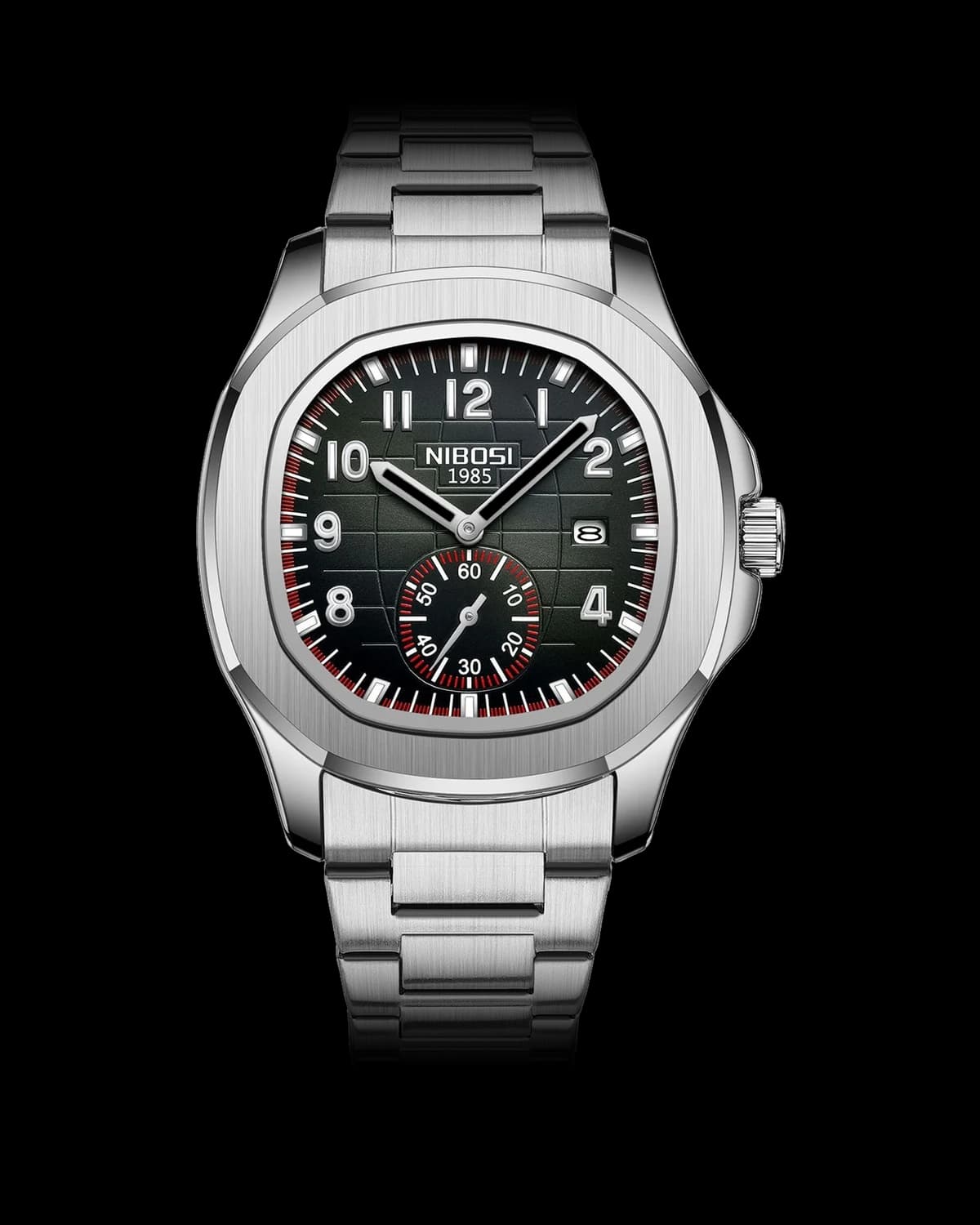 Reloj NIBOSI 1985 Ocean Square, acero · esfera negra — referencia NB-OSQ-SVBK