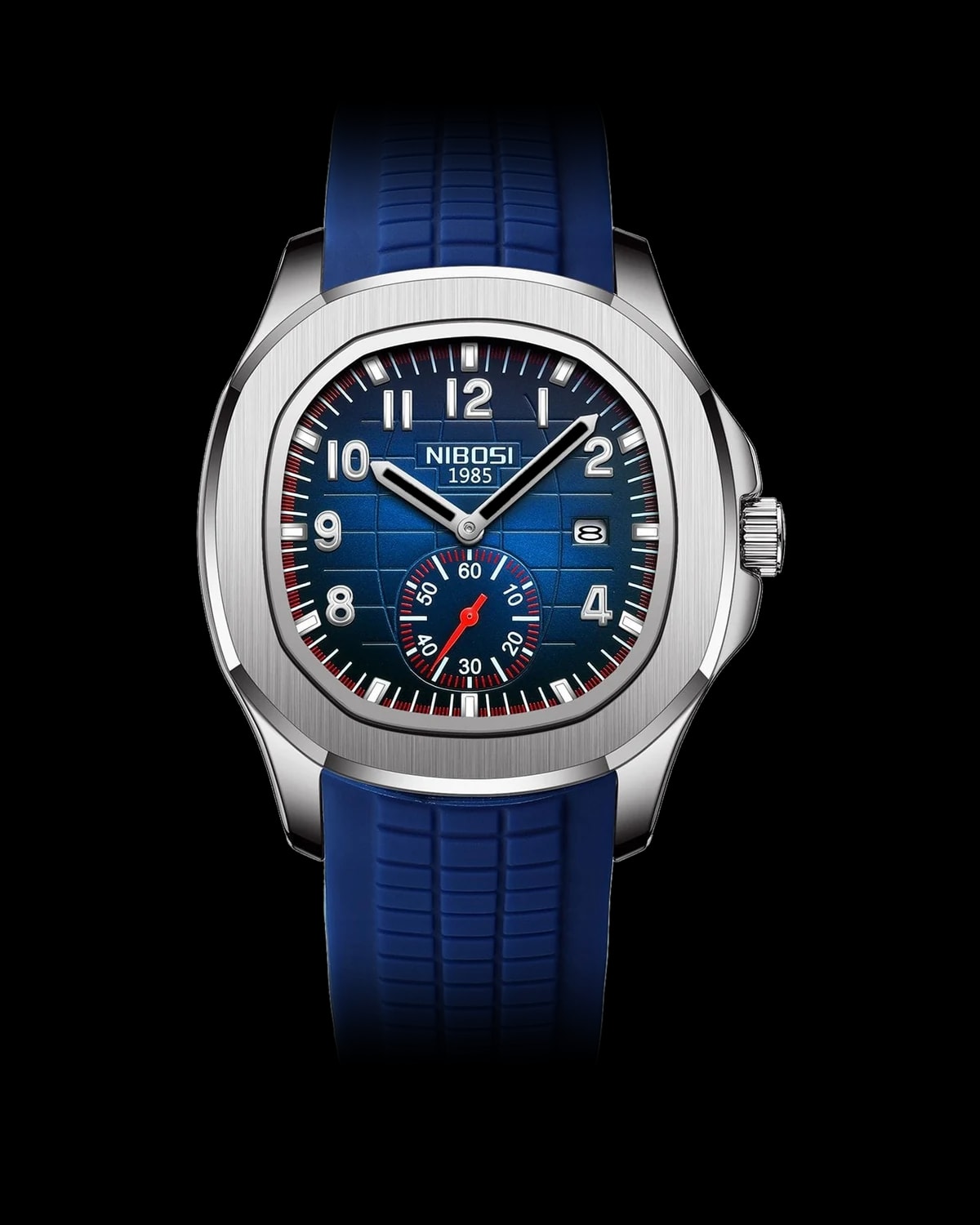 Reloj NIBOSI 1985 Ocean Square, acero · esfera azul · correa caucho azul — referencia NB-OSQ-SVBL-RBL