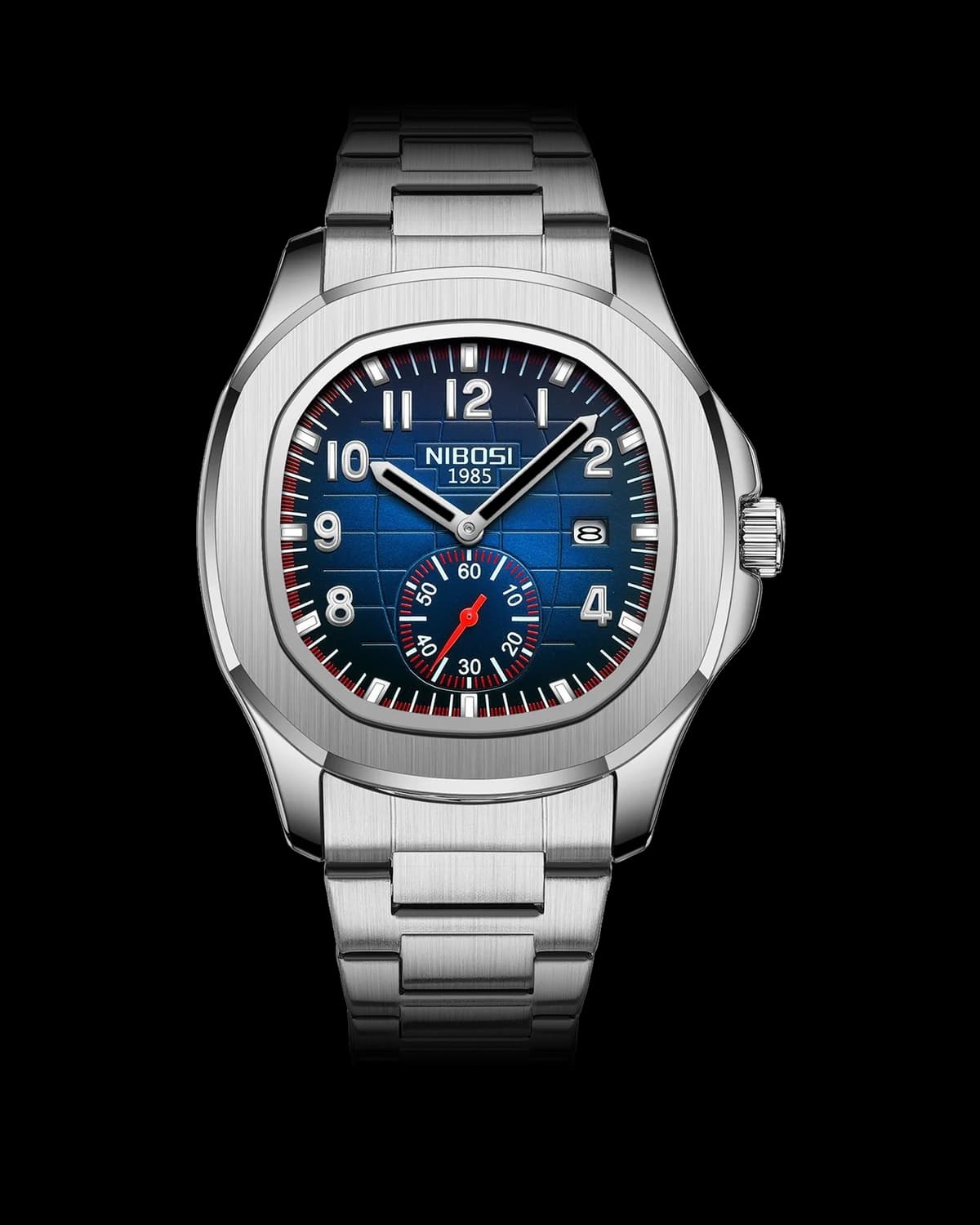 Reloj NIBOSI 1985 Ocean Square, acero · esfera azul — referencia NB-OSQ-SVBL