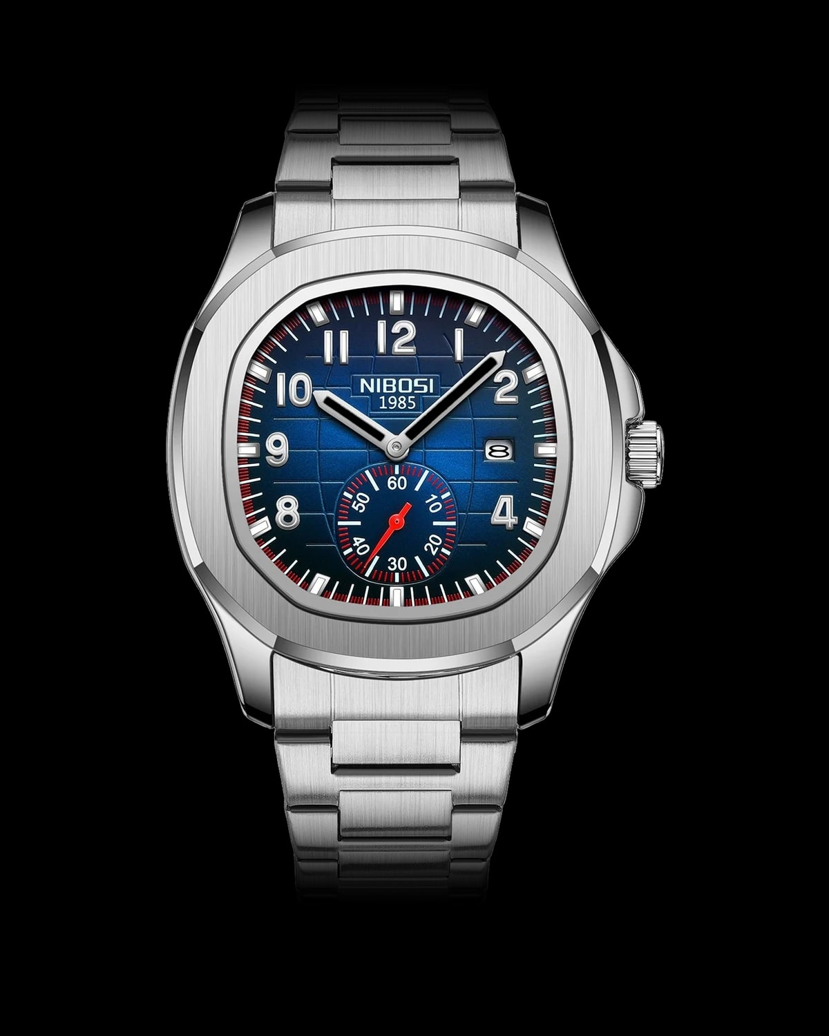Reloj NIBOSI 1985 Ocean Square, acero · esfera azul — referencia NB-OSQ-SVBL