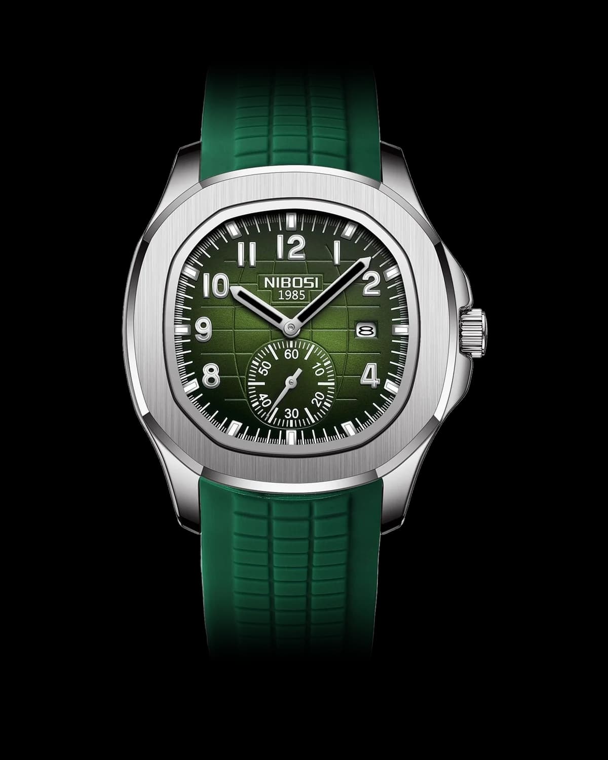 Reloj NIBOSI 1985 Ocean Square, acero · esfera verde · correa caucho verde — referencia NB-OSQ-SVGN-RGN