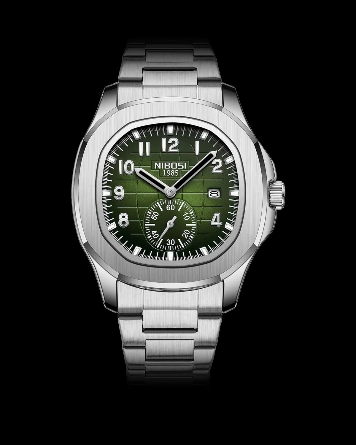 Reloj NIBOSI 1985 Ocean Square, acero · esfera verde — referencia NB-OSQ-SVGN