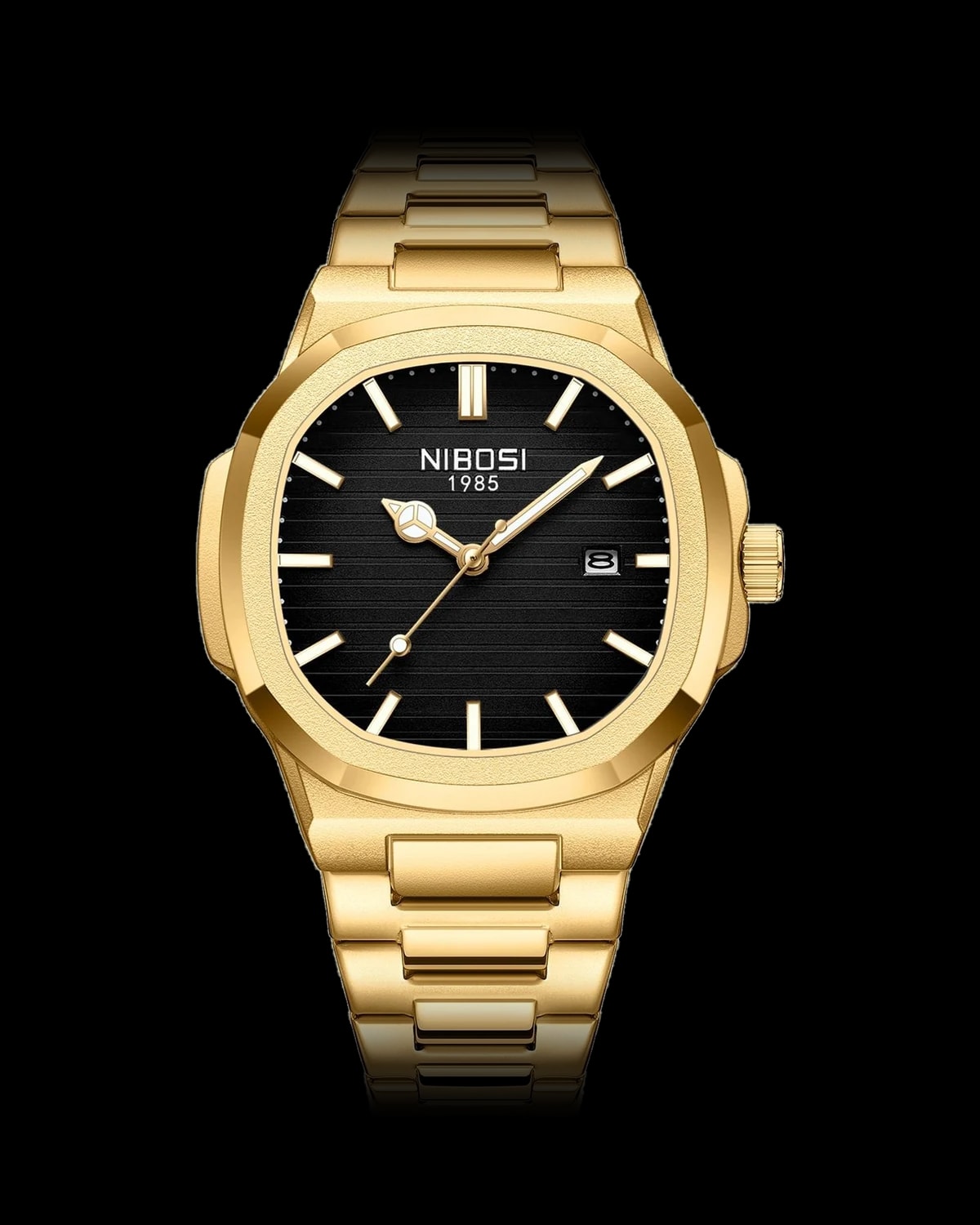 Reloj NIBOSI 1985 Octa, dorado · esfera negra — referencia NB-OCT-GDBK