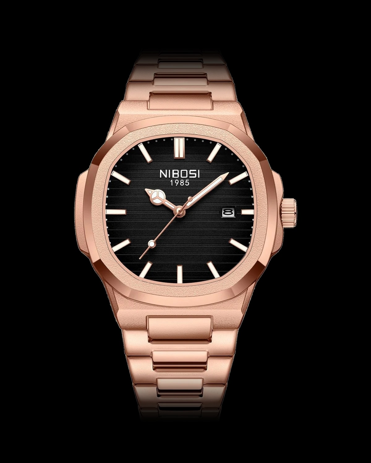 Reloj NIBOSI 1985 Octa, oro rosa · esfera negra — referencia NB-OCT-RGBK