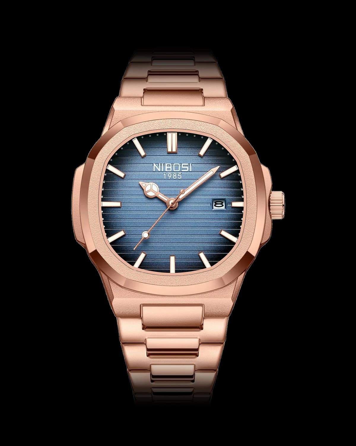Reloj NIBOSI 1985 Octa, oro rosa · esfera azul — referencia NB-OCT-RGBL