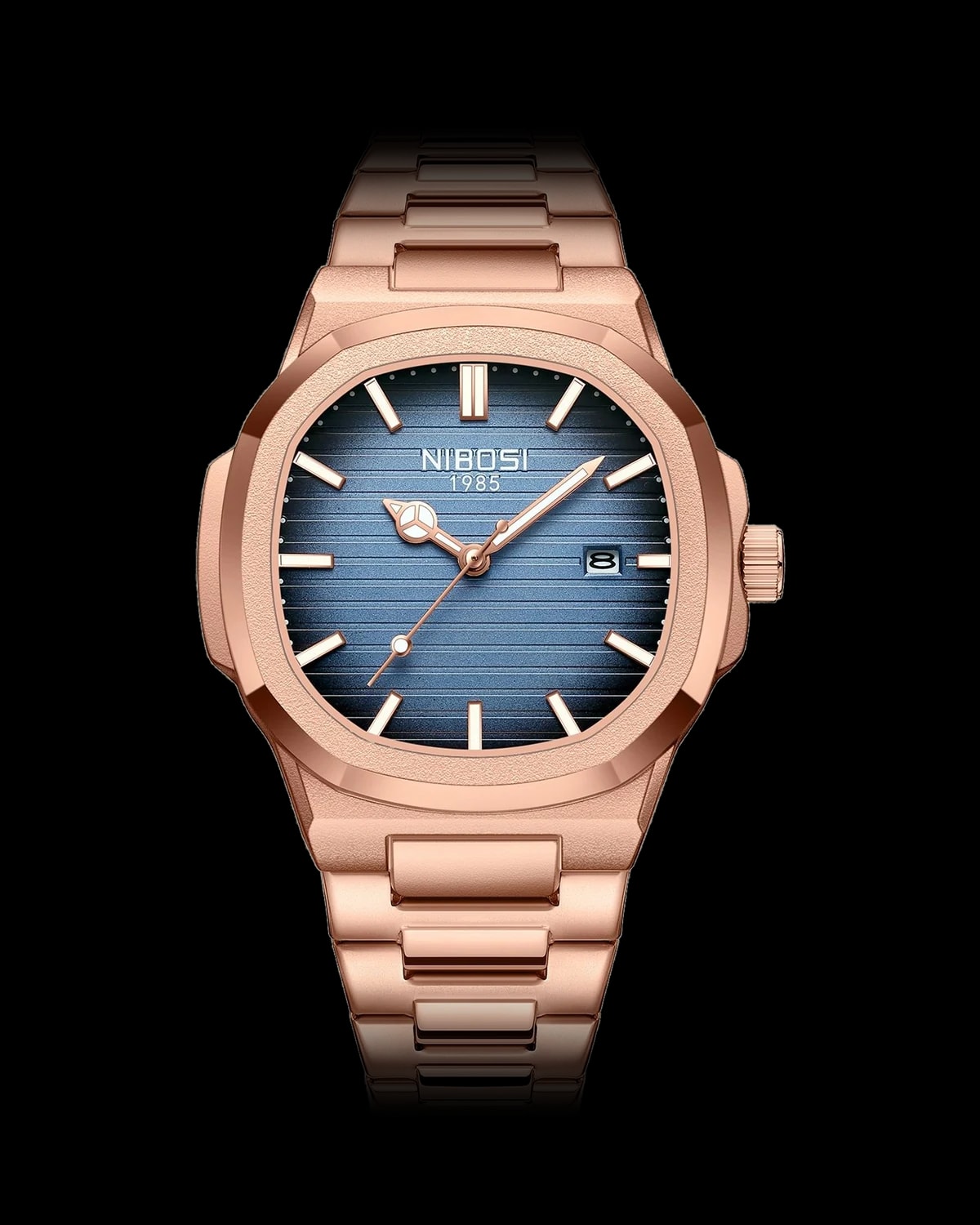 Reloj NIBOSI 1985 Octa, oro rosa · esfera azul — referencia NB-OCT-RGBL