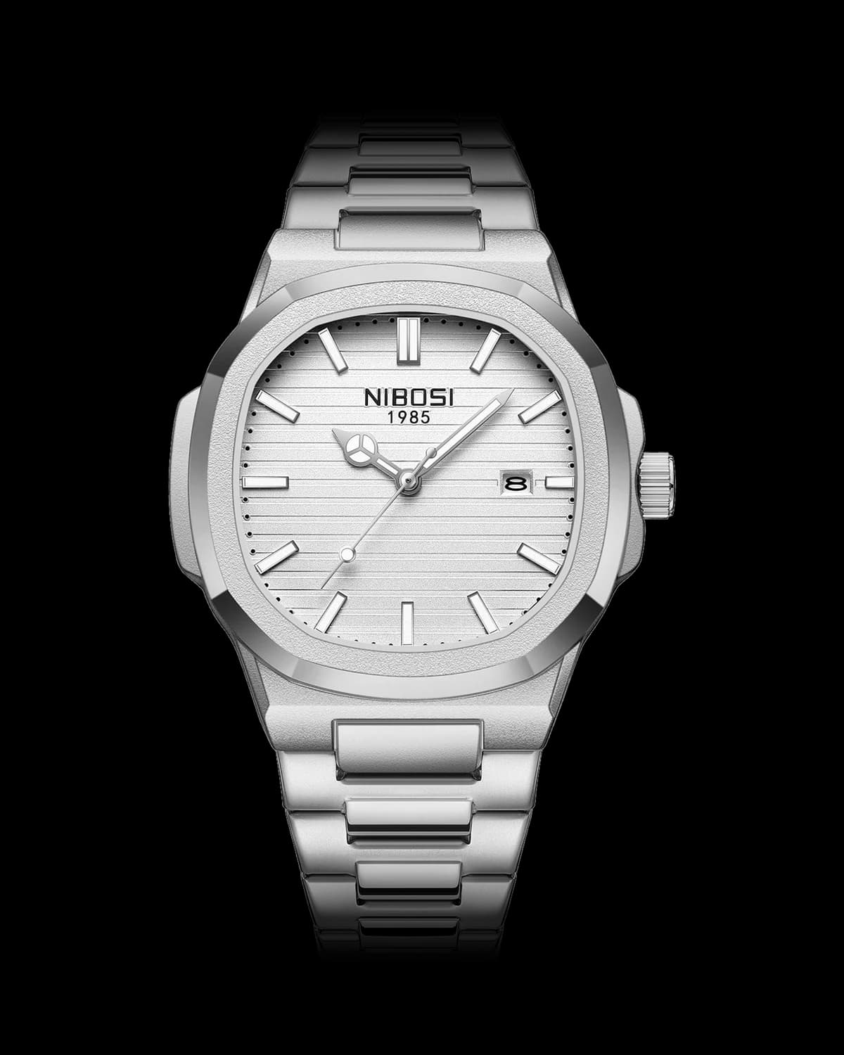 Reloj NIBOSI 1985 Octa, acero · esfera blanca — referencia NB-OCT-SVWH