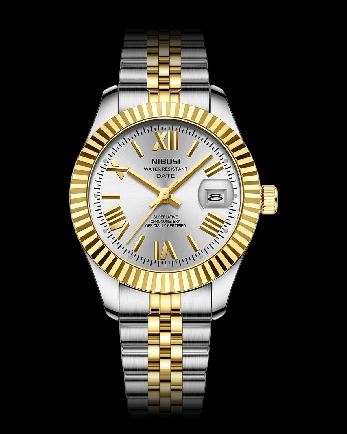 Reloj NIBOSI 1985 Prestige, bicolor · esfera blanca — referencia NB-PRS-TTWH
