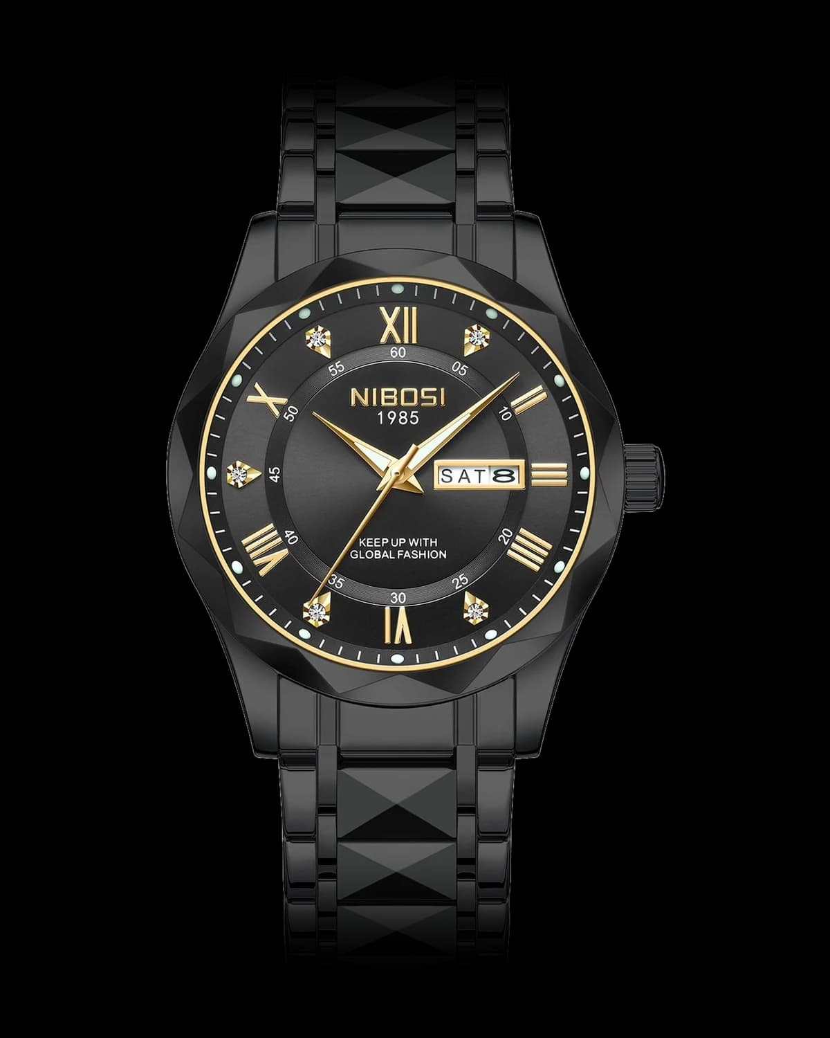 Reloj NIBOSI 1985 Prisma Romano, negro · esfera negra — referencia NB-PRM-BKBK