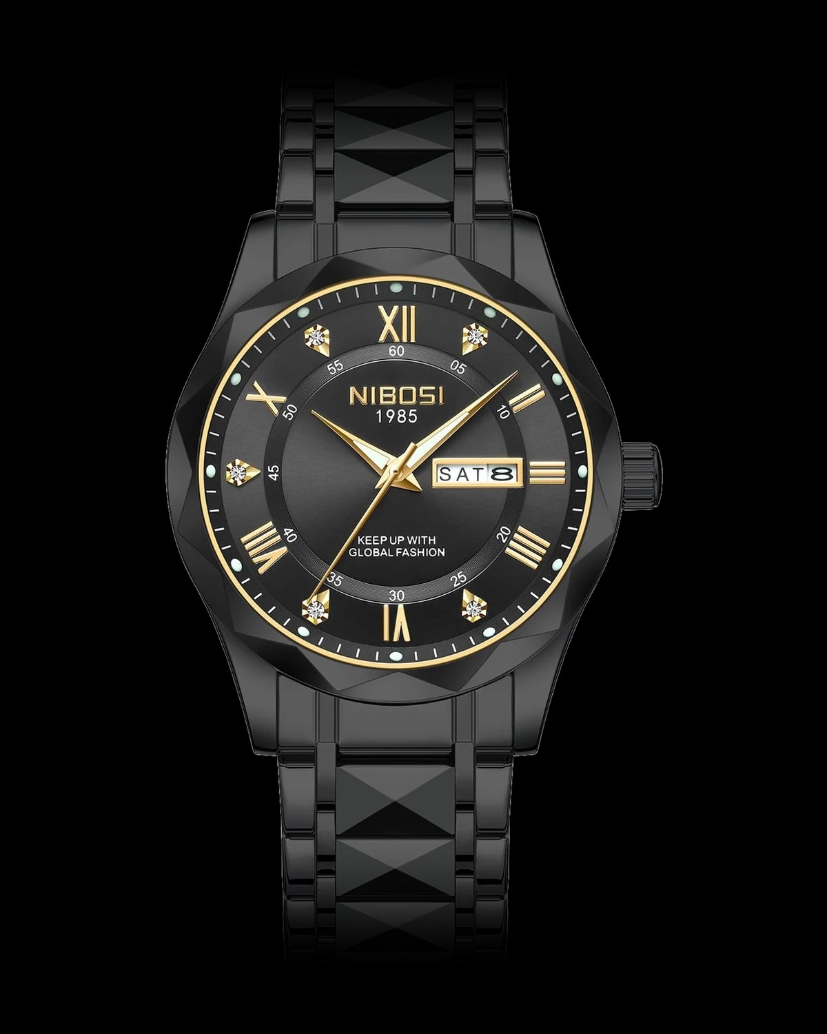 Reloj NIBOSI 1985 Prisma Romano, negro · esfera negra — referencia NB-PRM-BKBK