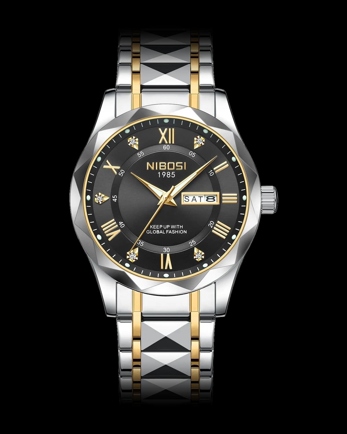 Reloj NIBOSI 1985 Prisma Romano, bicolor · esfera negra — referencia NB-PRM-TTBK
