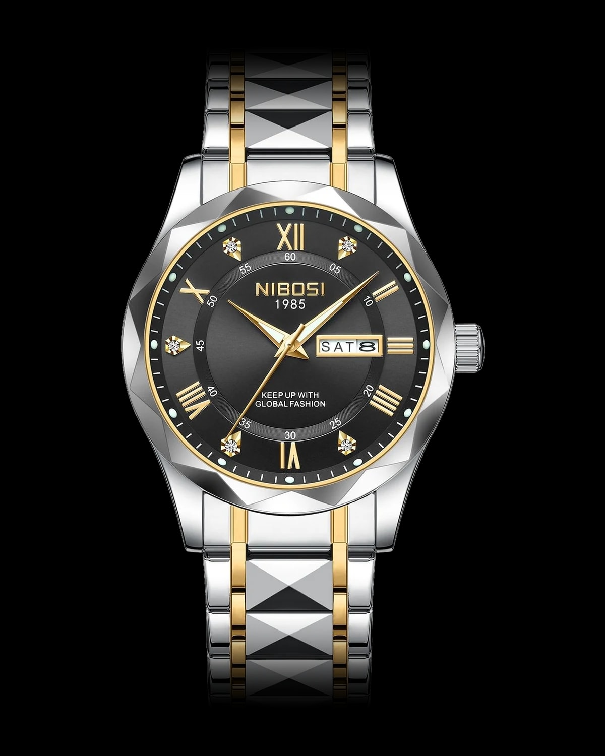Reloj NIBOSI 1985 Prisma Romano, bicolor · esfera negra — referencia NB-PRM-TTBK