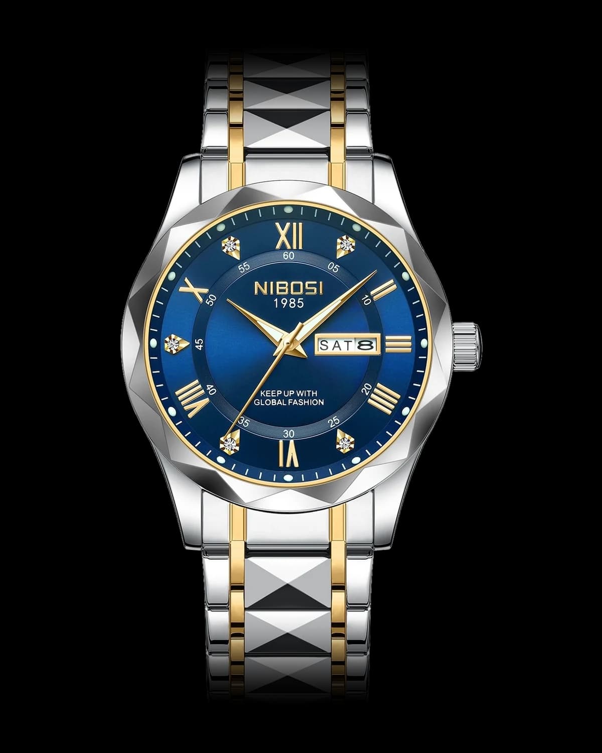 Reloj NIBOSI 1985 Prisma Romano, bicolor · esfera azul — referencia NB-PRM-TTBL