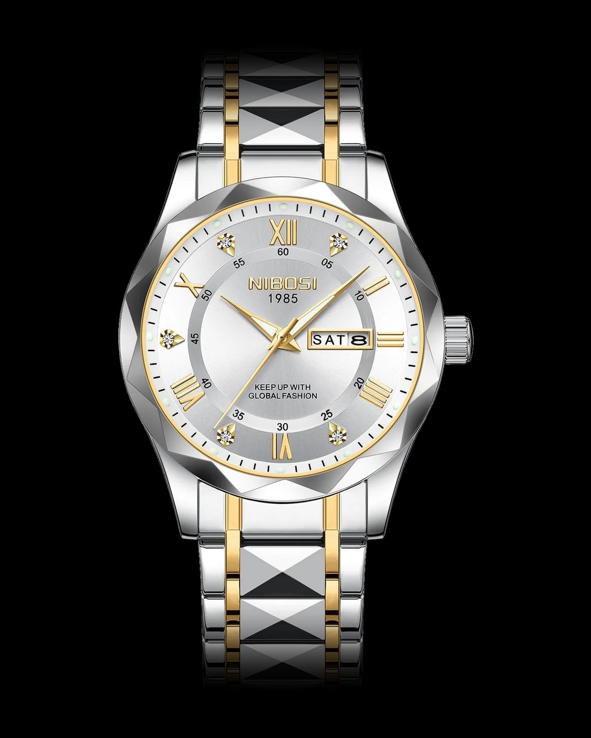 Reloj NIBOSI 1985 Prisma Romano, bicolor · esfera blanca — referencia NB-PRM-TTWH