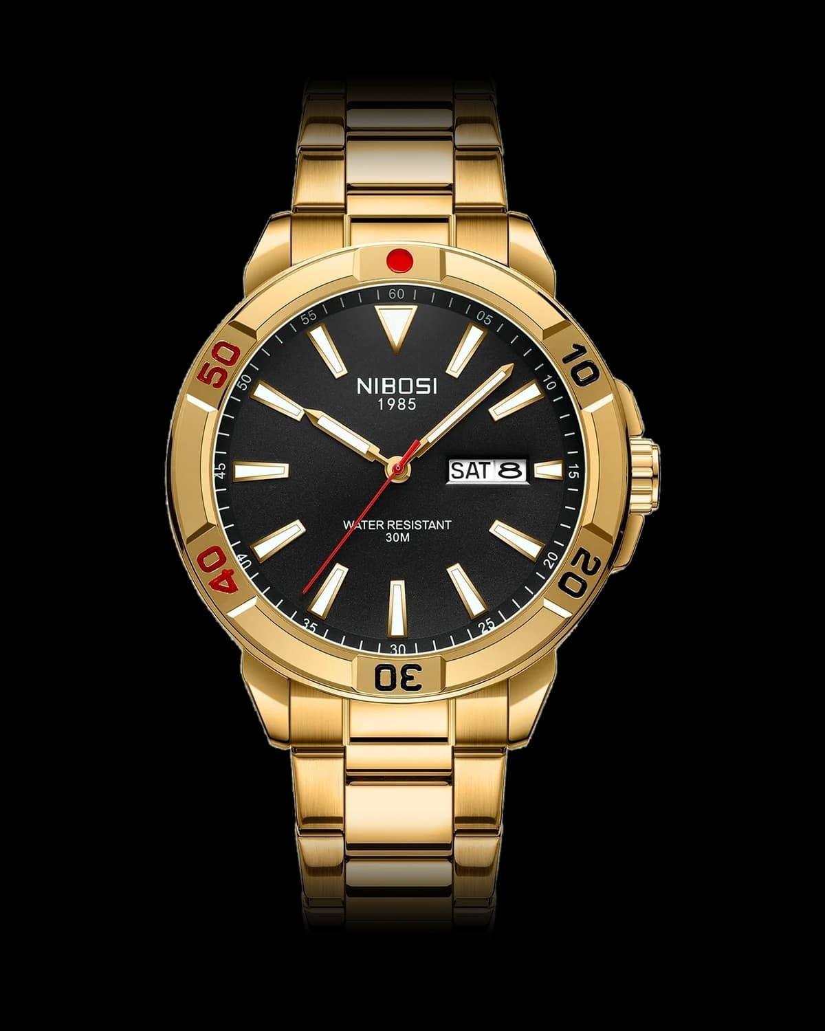 Reloj NIBOSI 1985 Regatta, dorado · esfera negra — referencia NB-RGT-GDBK