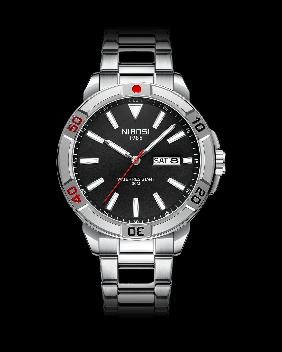 Reloj NIBOSI 1985 Regatta, acero · esfera negra — referencia NB-RGT-SVBK