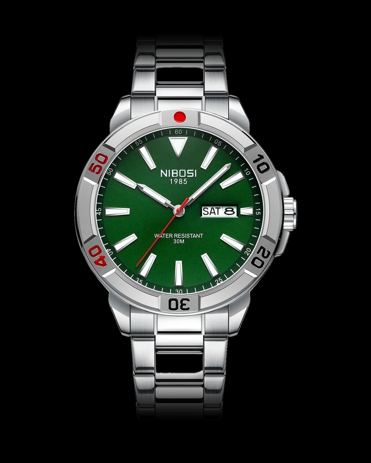 Reloj NIBOSI 1985 Regatta, acero · esfera verde — referencia NB-RGT-SVGN