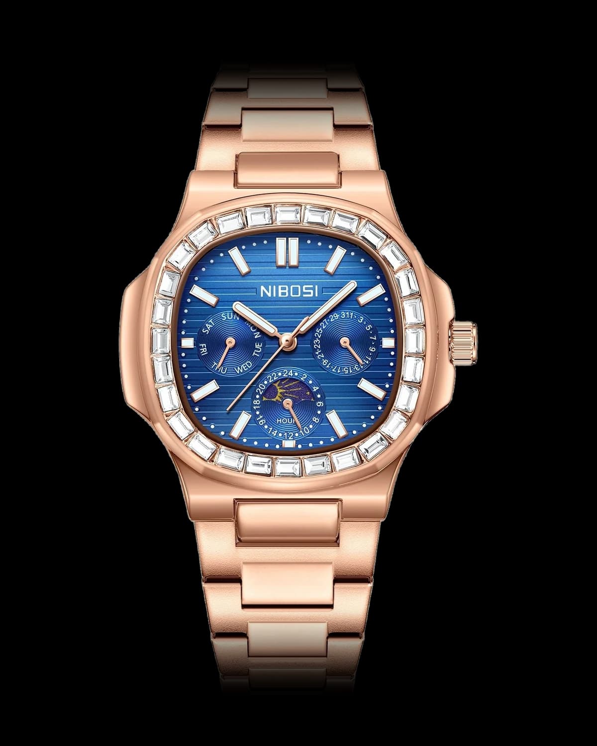 Reloj NIBOSI 1985 Royal Diamante, oro rosa · esfera azul — referencia NB-RDM-RGBL