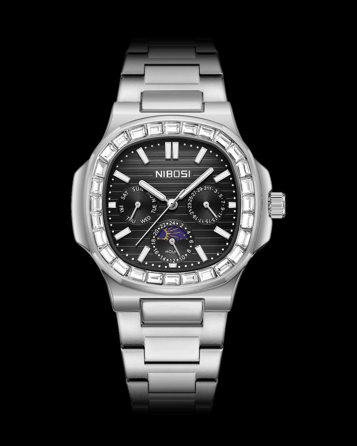 Reloj NIBOSI 1985 Royal Diamante, acero · esfera negra — referencia NB-RDM-SVBK