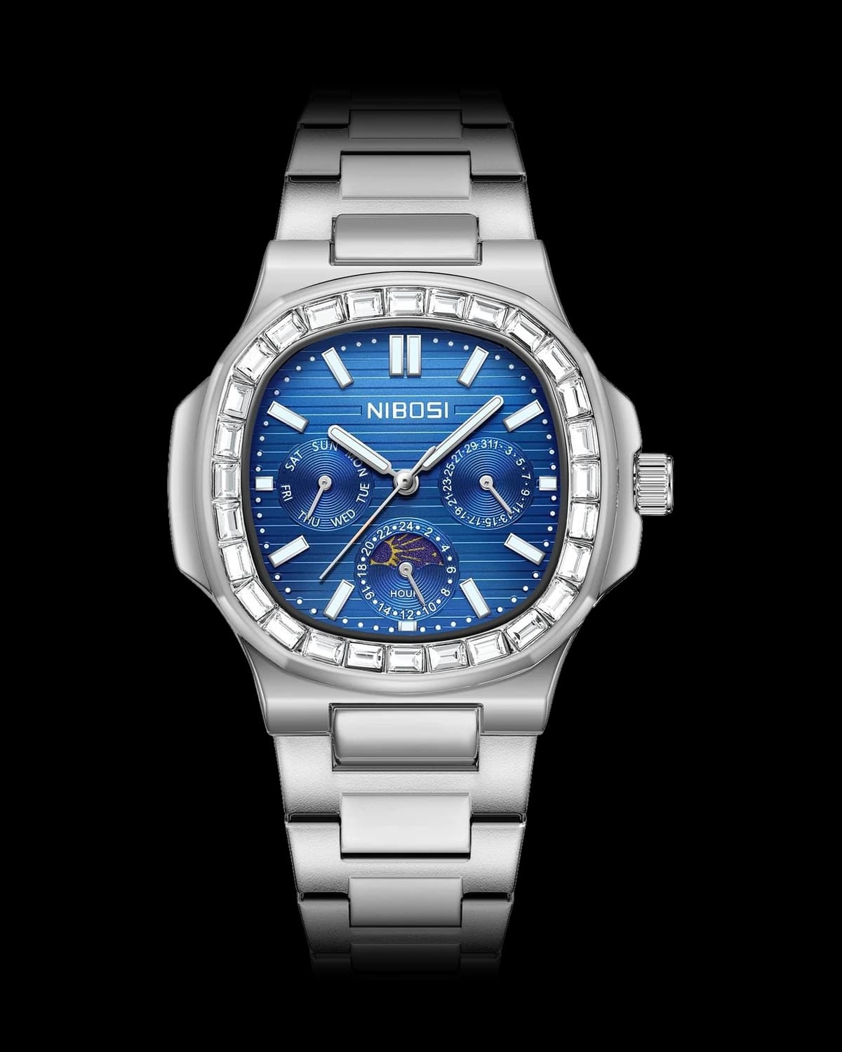 Reloj NIBOSI 1985 Royal Diamante, acero · esfera azul — referencia NB-RDM-SVBL