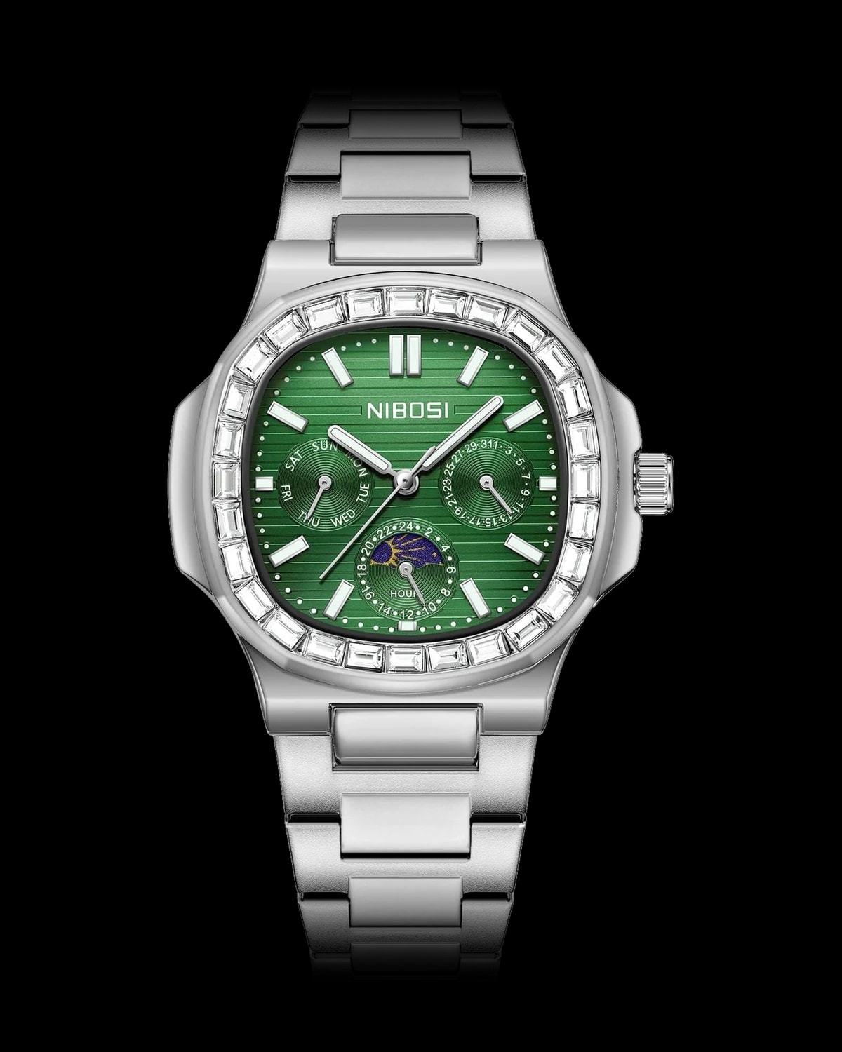 Reloj NIBOSI 1985 Royal Diamante, acero · esfera verde — referencia NB-RDM-SVGN