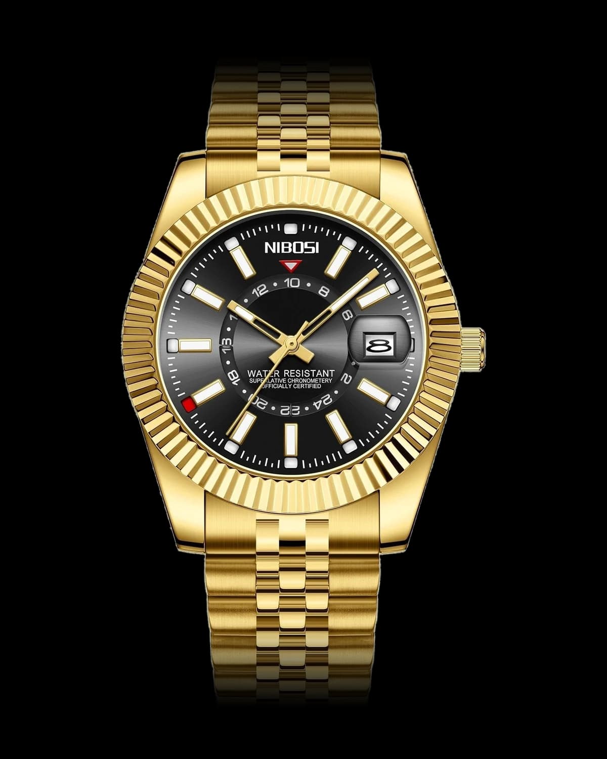 Reloj NIBOSI 1985 Sky Master, dorado · esfera negra — referencia NB-SKY-GDBK