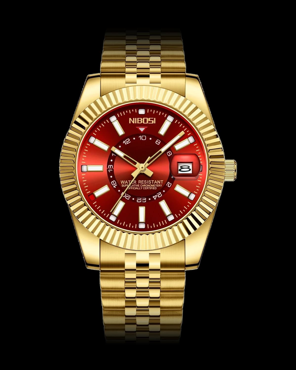 Reloj NIBOSI 1985 Sky Master, dorado · esfera roja — referencia NB-SKY-GDRD
