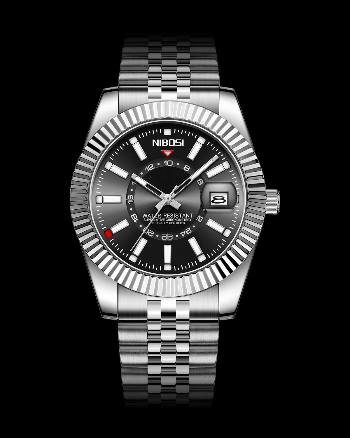 Reloj NIBOSI 1985 Sky Master, acero · esfera negra — referencia NB-SKY-SVBK