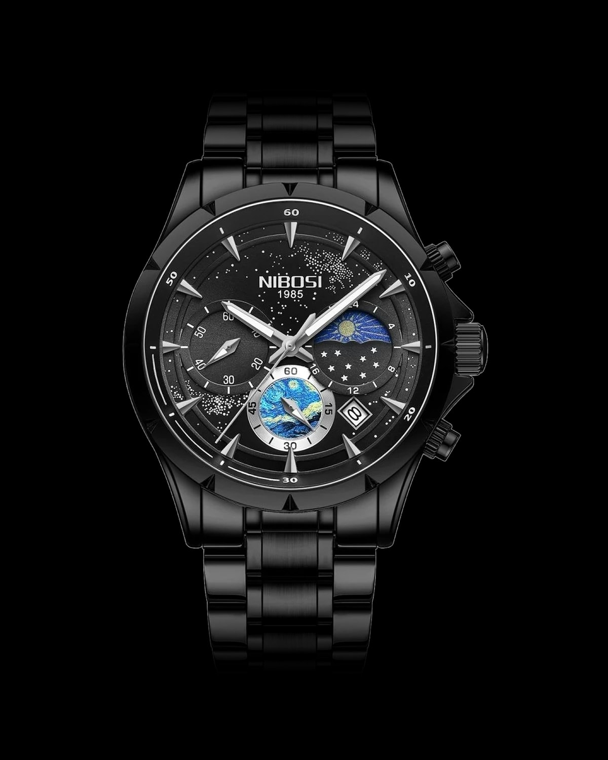 Reloj NIBOSI 1985 Starry Night Crono, negro · esfera negra — referencia NB-STR-BKBK
