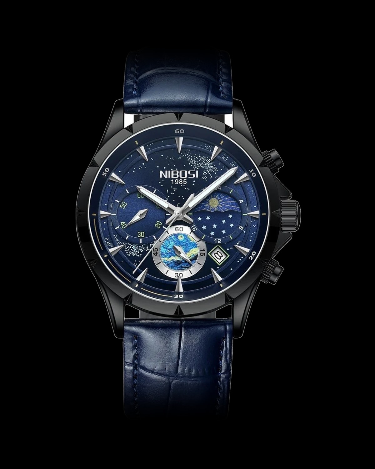Reloj NIBOSI 1985 Starry Night Crono, negro · esfera azul · correa cuero azul — referencia NB-STR-BKBL-LBL