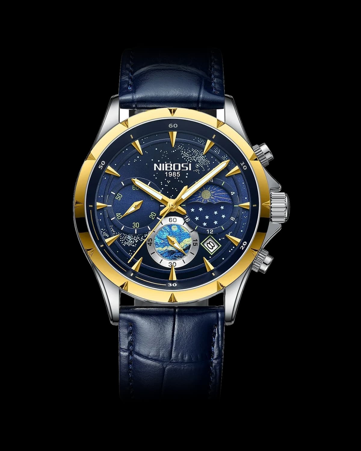 Reloj NIBOSI 1985 Starry Night Crono, acero y dorado · esfera azul · correa cuero azul — referencia NB-STR-SGBL-LBL
