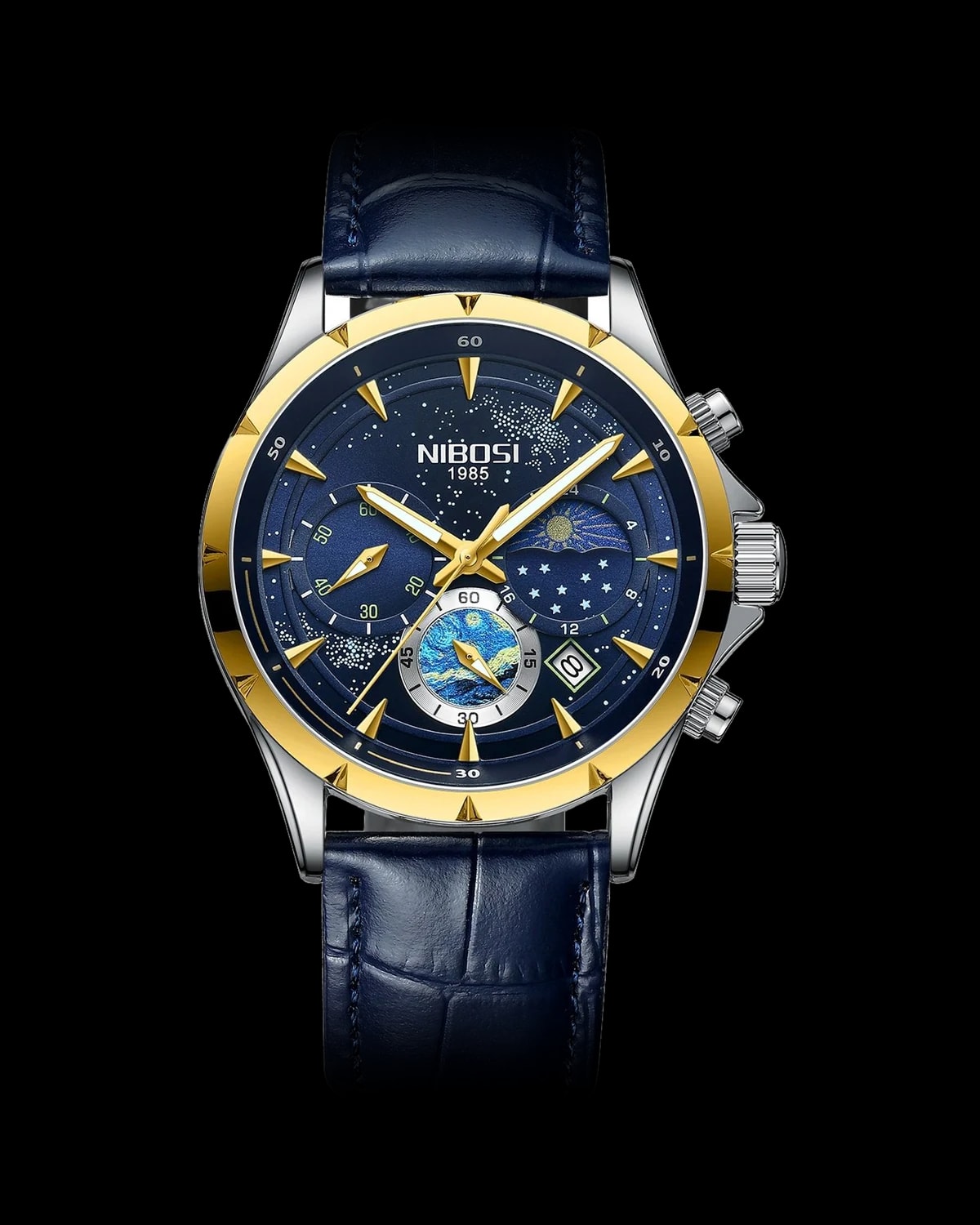 Reloj NIBOSI 1985 Starry Night Crono, acero y dorado · esfera azul · correa cuero azul — referencia NB-STR-SGBL-LBL