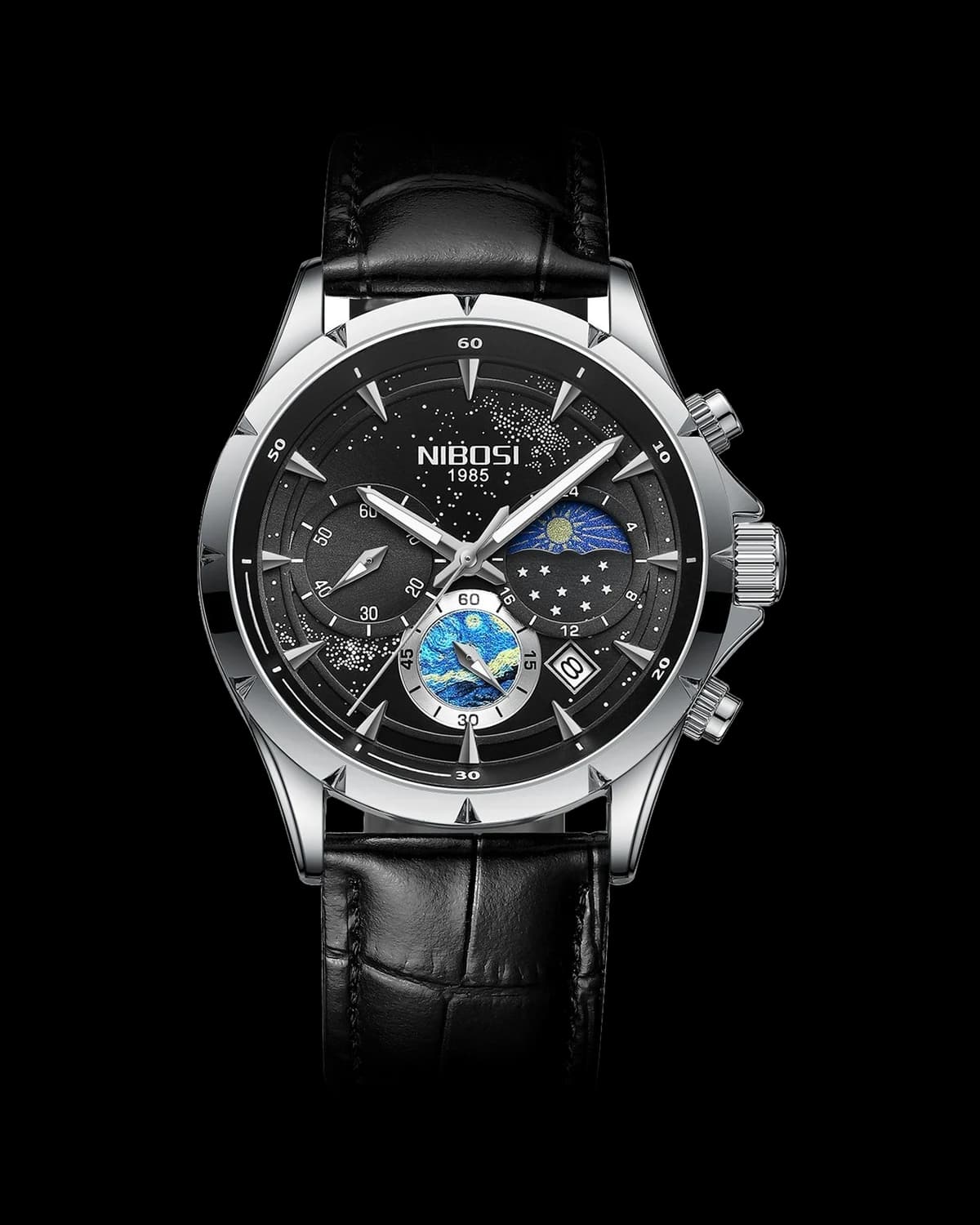 Reloj NIBOSI 1985 Starry Night Crono, acero · esfera negra · correa cuero negra — referencia NB-STR-SVBK-LBK