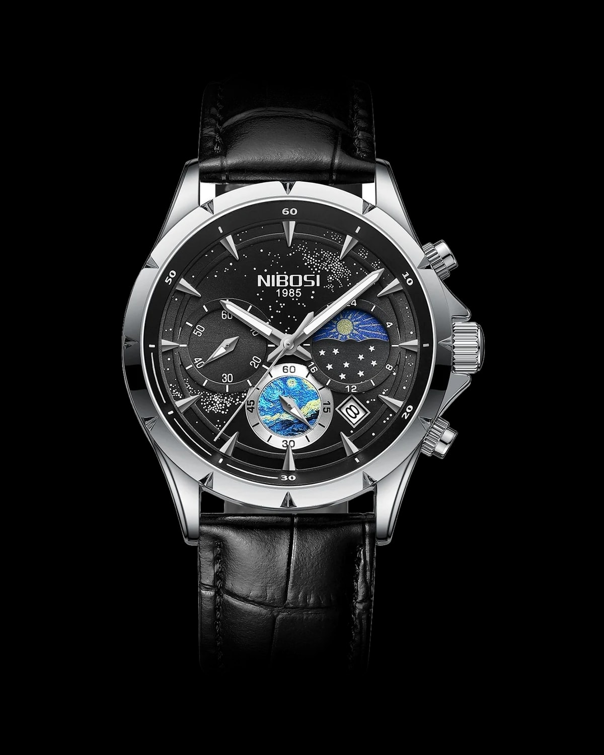 Reloj NIBOSI 1985 Starry Night Crono, acero · esfera negra · correa cuero negra — referencia NB-STR-SVBK-LBK