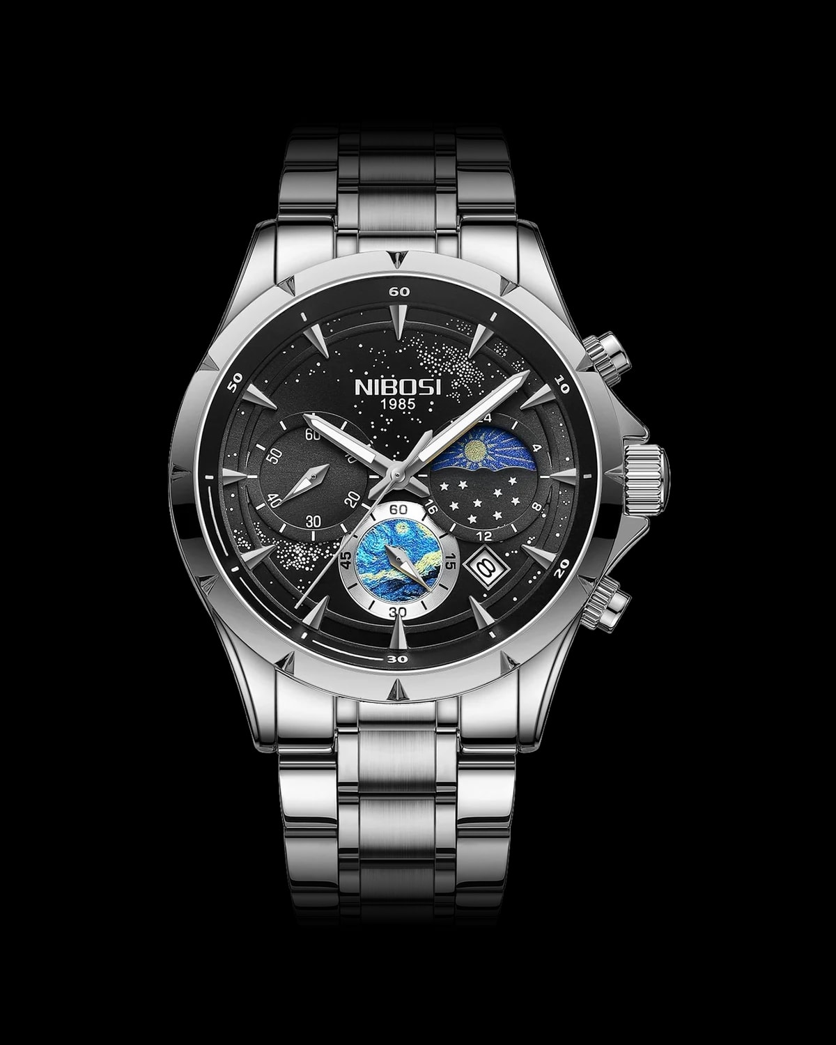 Reloj NIBOSI 1985 Starry Night Crono, acero · esfera negra — referencia NB-STR-SVBK