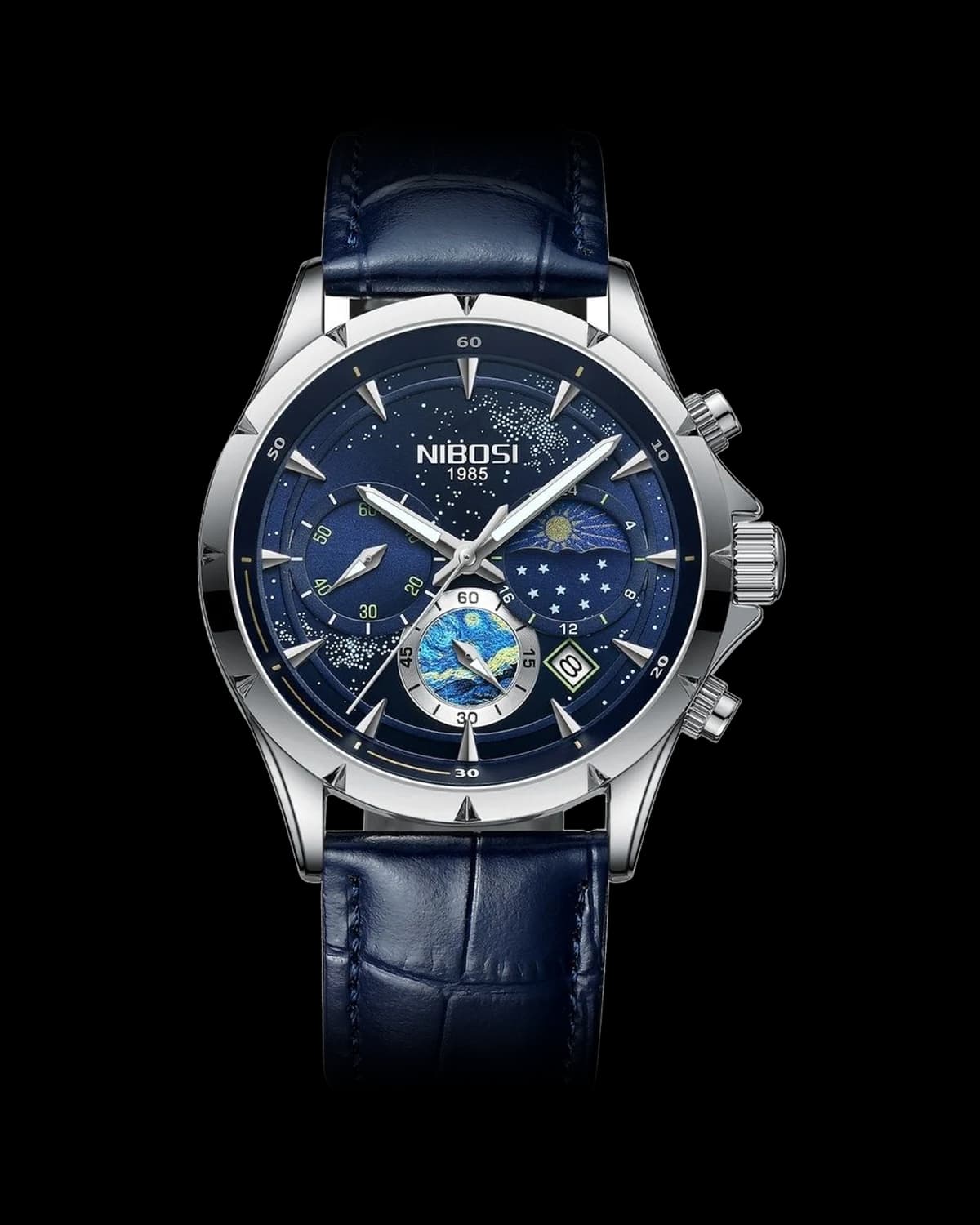 Reloj NIBOSI 1985 Starry Night Crono, acero · esfera azul · correa cuero azul — referencia NB-STR-SVBL-LBL