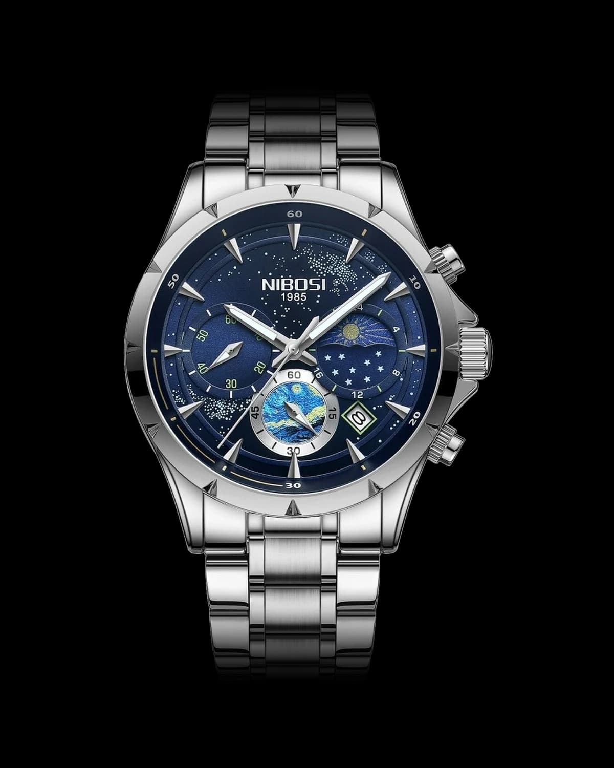 Reloj NIBOSI 1985 Starry Night Crono, acero · esfera azul — referencia NB-STR-SVBL