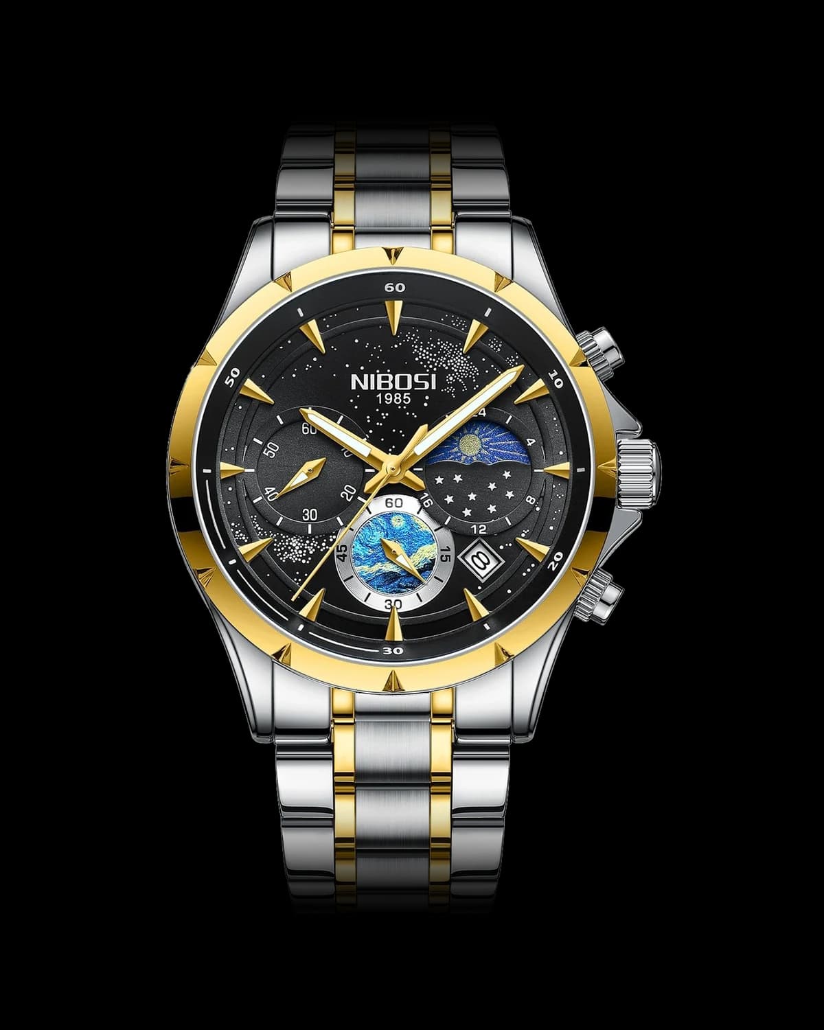 Reloj NIBOSI 1985 Starry Night Crono, bicolor · esfera negra — referencia NB-STR-TTBK