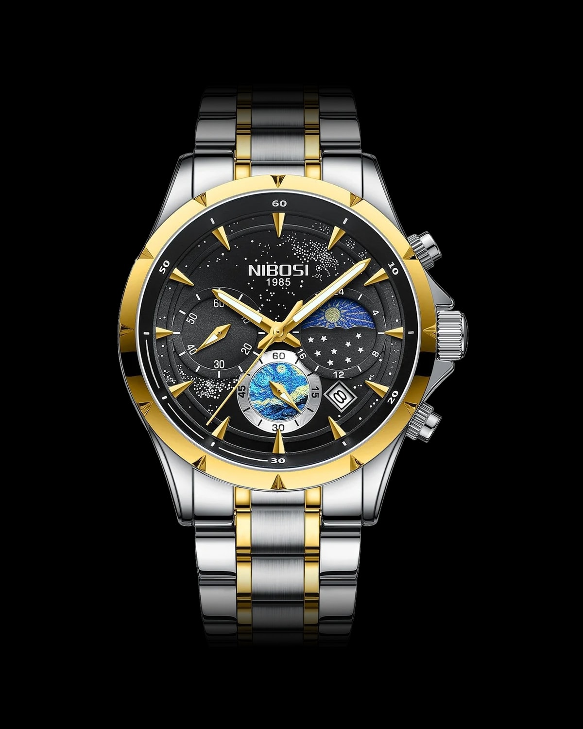 Reloj NIBOSI 1985 Starry Night Crono, bicolor · esfera negra — referencia NB-STR-TTBK