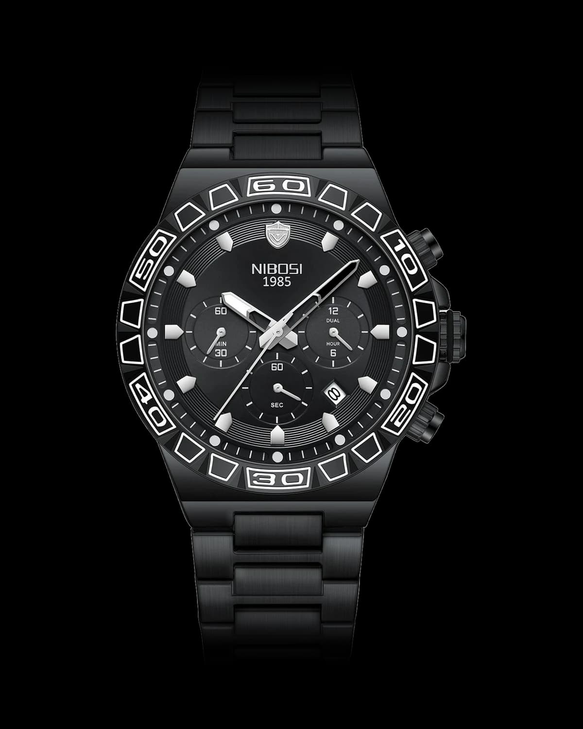 Reloj NIBOSI 1985 Titan Crono, negro · esfera negra — referencia NB-TTN-BKBK