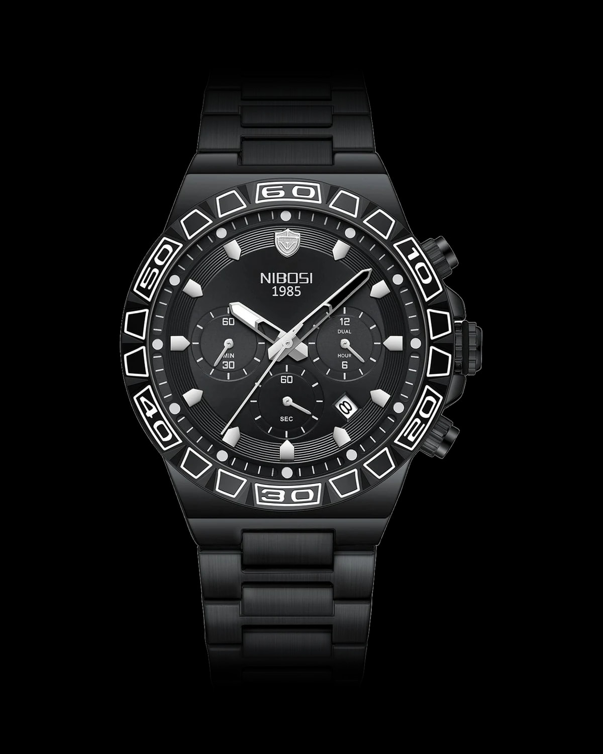 Reloj NIBOSI 1985 Titan Crono, negro · esfera negra — referencia NB-TTN-BKBK